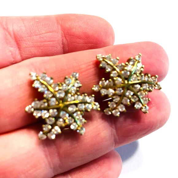 Snowflake filigree pierced earrings 925 silver & gold clear crystal signed CL - Picture 3 of 7